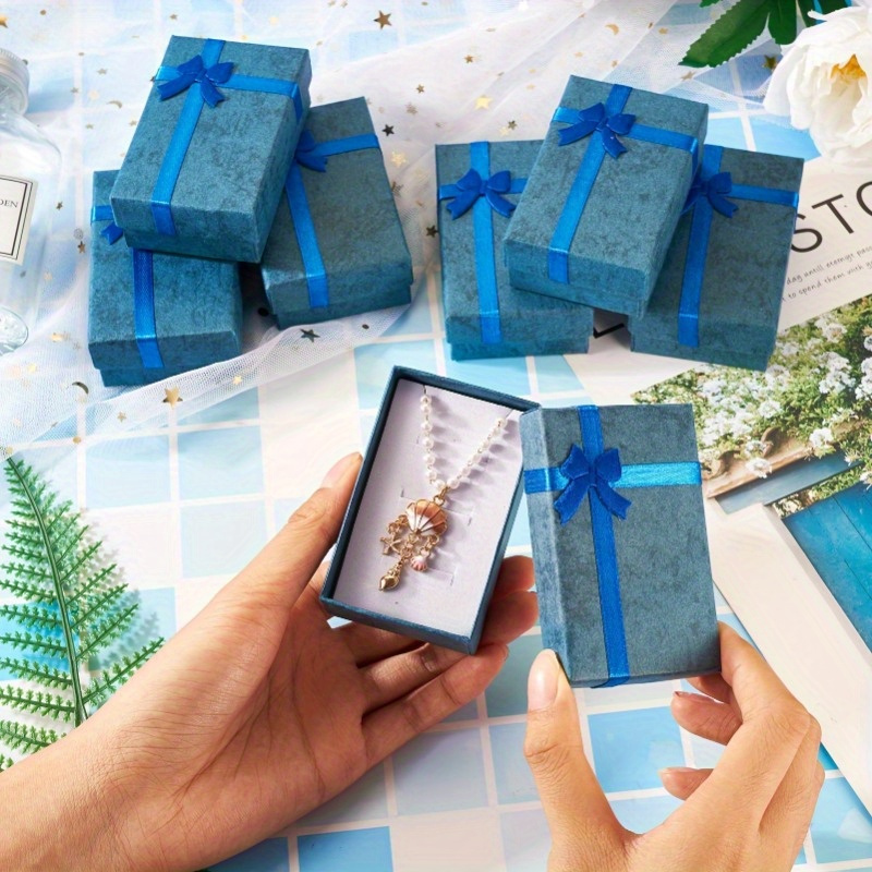 12pcs Blue Rectangular Paper Jewelry Gift Boxes with Bows